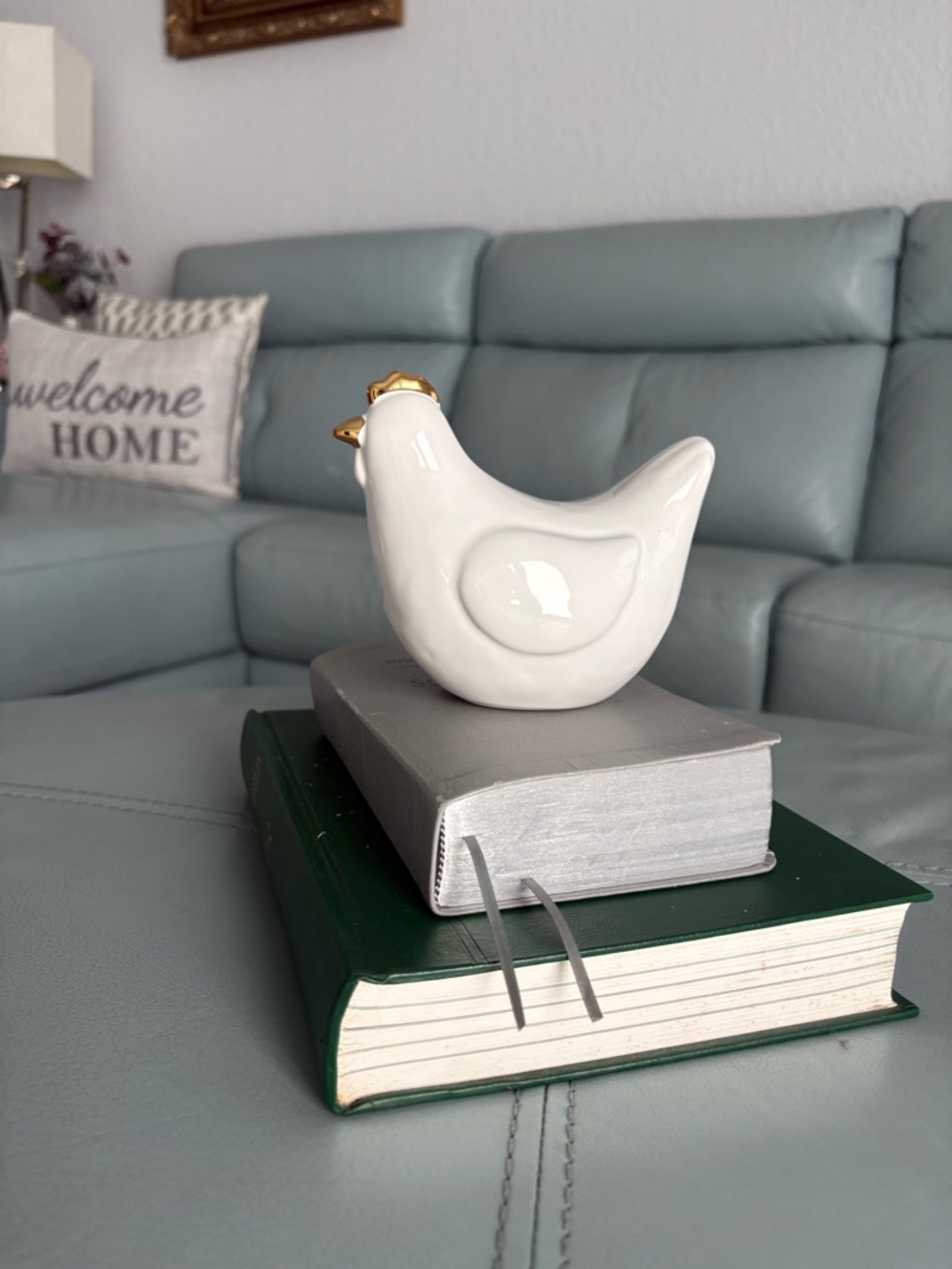 Glazed White Ceramic Hen figurine with gold accents painted beak and comb